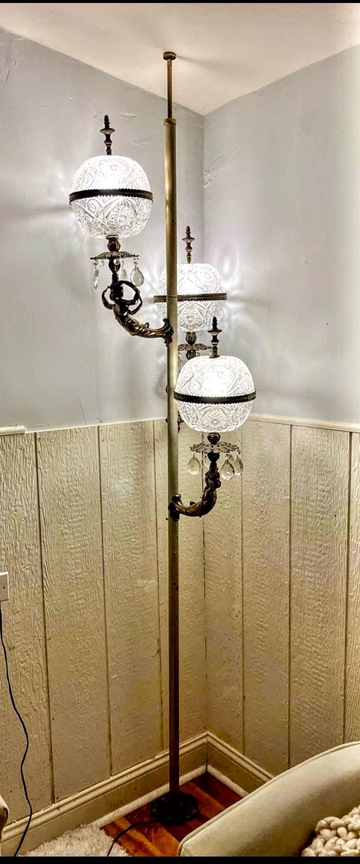 Vintage 1970s Cherub and Crystal-ball Pole Lamp: 3 Light Hollywood