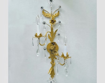 Vintage floral tole sconce ~ circa-1980s antiqued-gold two-light sconce with crystal flowers, made in Italy
