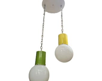 Vintage 1960s midcentury green and yellow pendant light with glass globes ~ rewired