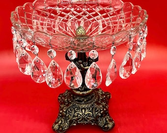 Large cut-crystal compote bowl on stand with ornate metal base and dangling crystals ~ 1970s fruit bowl in excellent condition