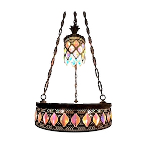 Unique 1960s Moroccan-style Hollywood Regency combination pendant light and hanging side table ~ abalone shell table