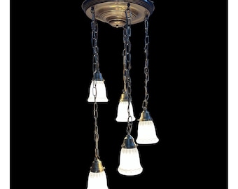 Reproduction Victorian-style 5-light flush-mount shower chandelier with satin-glass shades