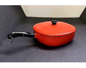 Vintage 1970s square orange enamel frying pan with lid