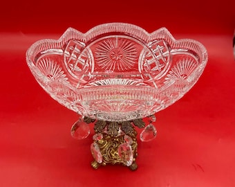 Vintage cut-crystal oblong compote bowl on stand with ornate metal base and dangling crystals ~ 1970s fruit bowl in excellent condition