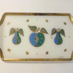 Georges Briard Forbidden Fruit glass tray ~ MCM glass tray with wood handles ~ abstract apple and pear tray gold blue green - 18-3/8” wide