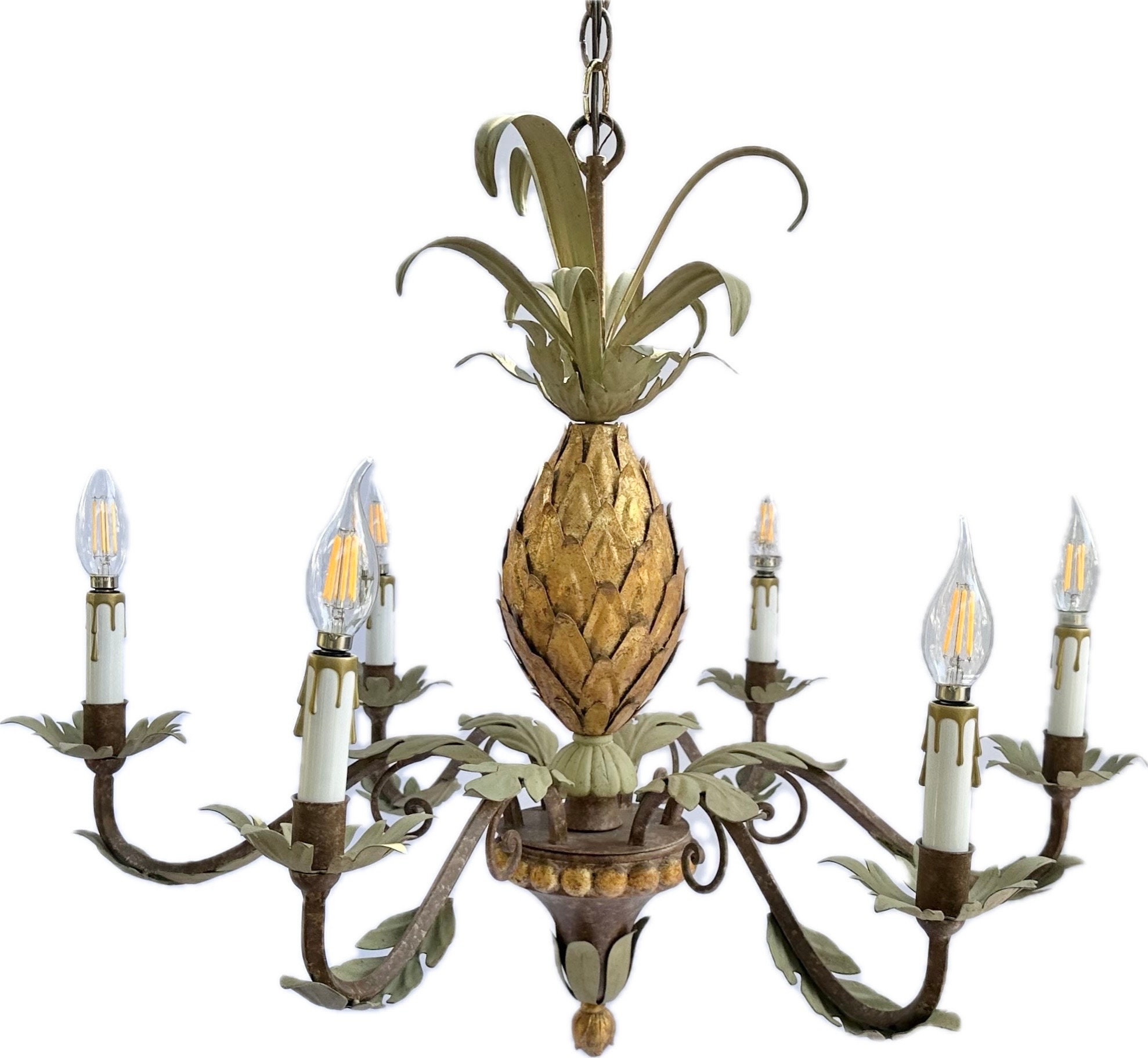 Theodore Alexander large ornate metal 8 light pineapple chandelier