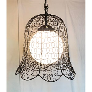Vintage midcentury cloche pendant light ~ black wire curlicue shade over 8-inch globe ~ boho chic