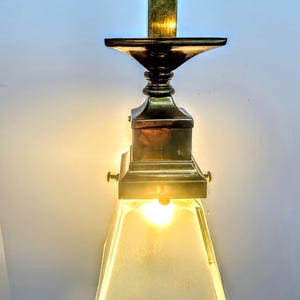 Vintage Rejuvenation brass Mission style down rod pendant ~ circa 1990s brass square reproduction Arts and Crafts kitchen island light