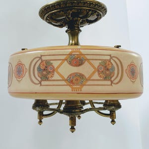 Art Deco 4-light 1920s Dinelier semi-flush-mount light by Lightolier Euclid  brass Arts and Crafts chandelier painted glass shade ~ rewired