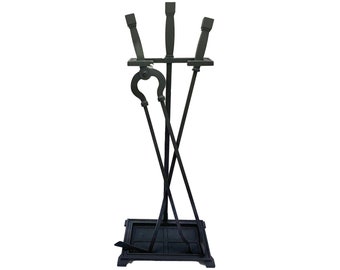 Circa 1940s neoclassical Bradley and Hubbard fireplace set ~ midcentury cast-iron tongs, poker, and stand