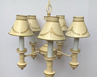 Vintage ecru tole chandelier 5 lights with painted ivory and gold metal shades ~ rewired ~ 19.5” dia with shades