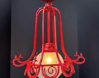 Vintage Red Chinoiserie Pendant Light: 1960s Iron & Crackle Glass - 2 available