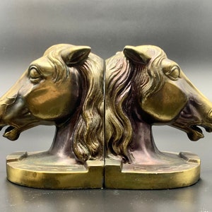 Vintage cast brass horse bookends with horseshoe base ~ 6 inches tall ~ horse head bookends with expressive detail