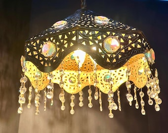 Vintage Moroccan pierced-brass  swag light with iridescent jewels ~ 14.5” tall ~ Hollywood Regency plug-in swag light, rewired