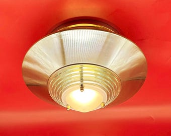 Vintage Art Deco Revival Brass Flying Saucer Light by Lightolier 13" dia