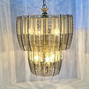 Vintage Smoked Glass Chandelier: MCM FontanaArte Style, 9-Light Brass Frame