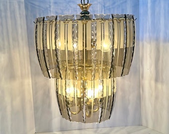 Vintage Smoked Glass Chandelier: MCM FontanaArte Style, 9-Light Brass Frame