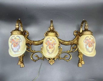 Vintage Art Nouveau Brass Wall Sconce: Floral Vaseline Glass, 3-Light