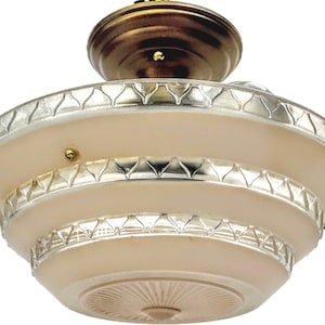 Vintage atomic 3-light, 3-chain ceiling light w glass shade ~ 3-bulb semi-flush-mount Art Deco ceiling light, rewired and ready to hang