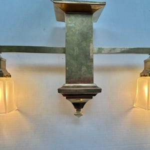 Vintage 1990s brass small Mission-style chandelier ~ square reproduction Arts and Crafts ceiling light by Brass Light Gallery