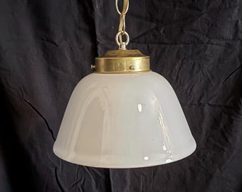 Vintage Opal Glass Dome Pendant Light: Midcentury Brass Fixture