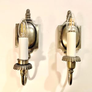 Pair of Early 1900s Georgian Bradley & Hubbard signed pewter sconces ~ hardwired Colonial sconces ~ rewired