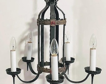 Antique Spanish Colonial Chandelier: Gothic Black Metal, Rewired, 2 available