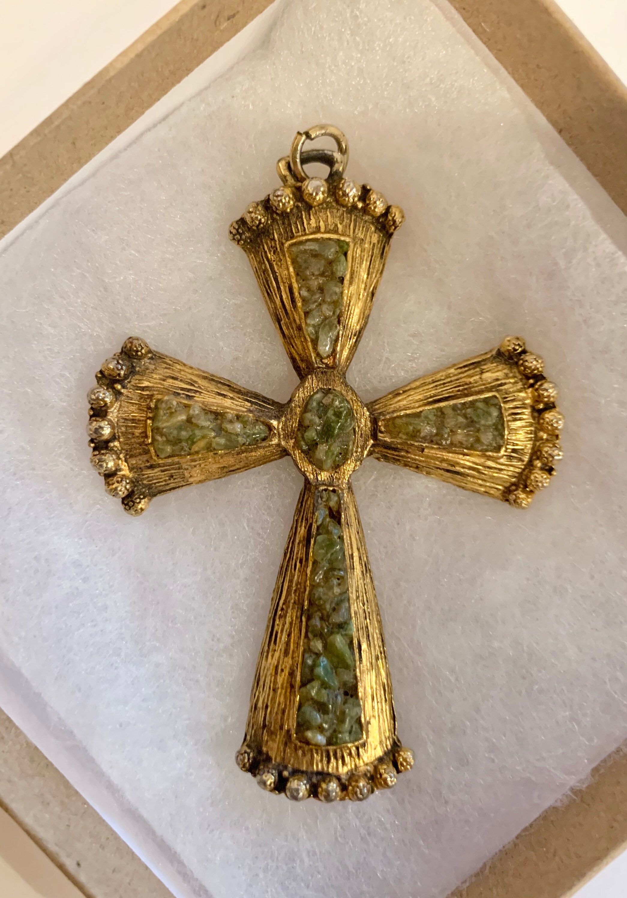 Large funky 1960s cross pendant gold tone and green stones Etsy