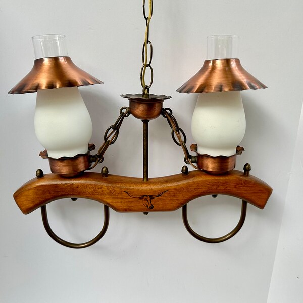 1960s Western ox-yoke chandelier ~ 2-light copper and wood wagon-wheel chandelier ~ rewired ~ cabin light with ox head