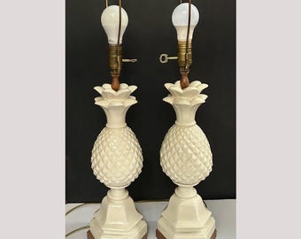 Pair of vintage circa-1970s ceramic and wood pineapple lamps, Hollywood Regency style, rewired
