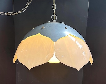 Vintage white Slag Glass Tulip Pendant Light ~ large 1970s Stained Glass Flower Light ~ swag plug-in flower light by Puritan