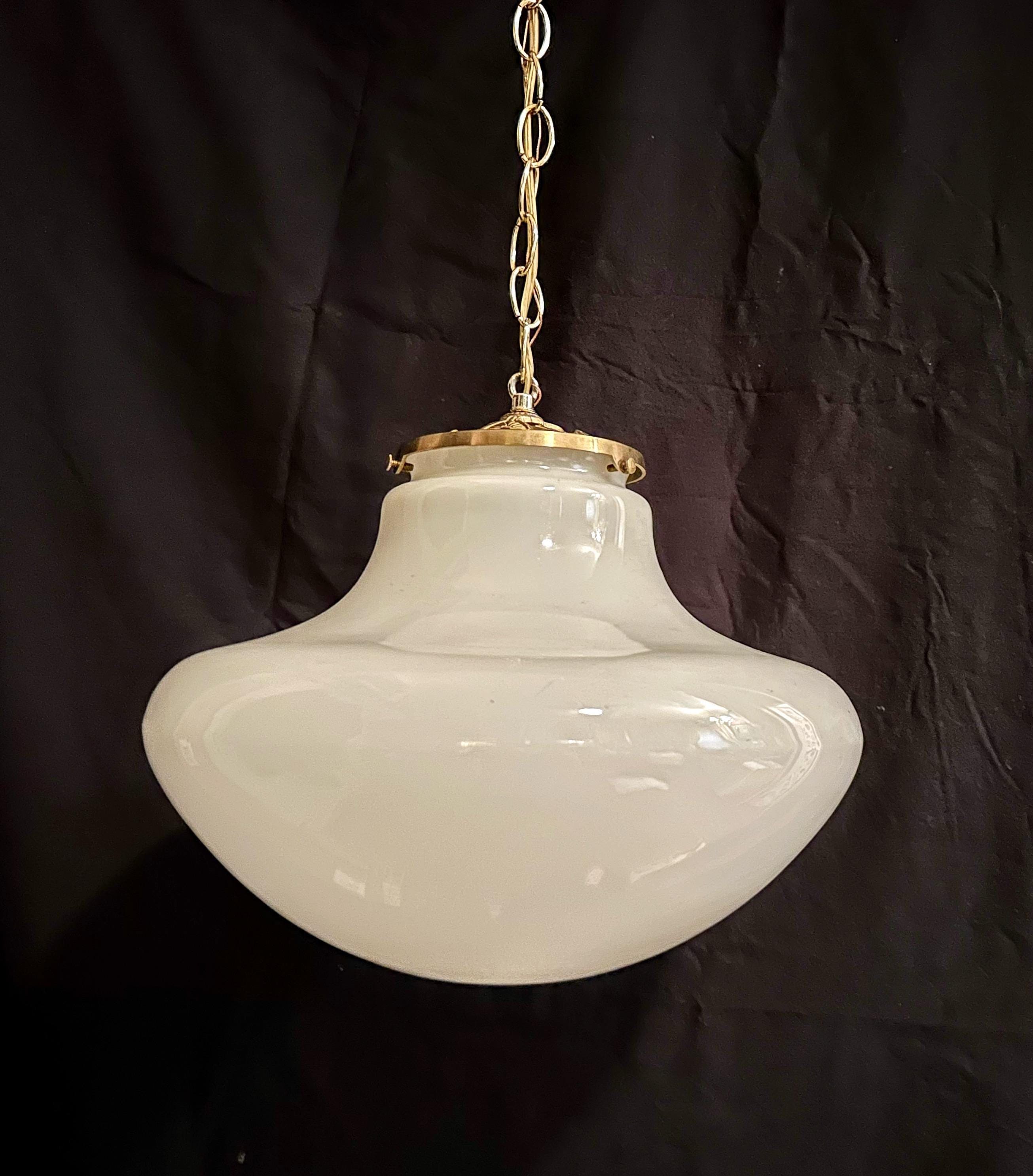 Vintage milk-glass globe pendant light 14”-dia glass schoolhouse globe  with new brass fixture classic MCM globe light