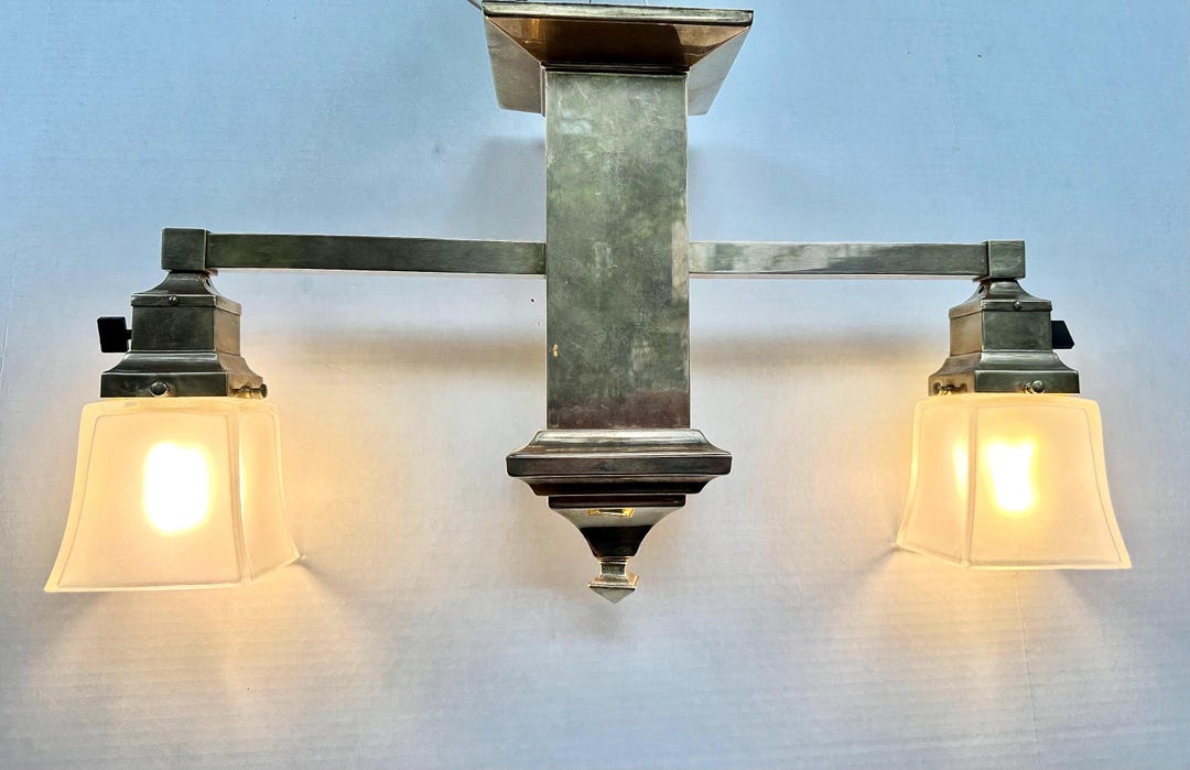Vintage Brass Mission Style Chandelier: Square Frosted Glass, 1990s ...