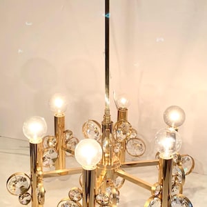 Vintage gilt brass Palwa Germany crystal chandelier ~ 6-light down rod chandelier ~ 22” tall by 18” diameter