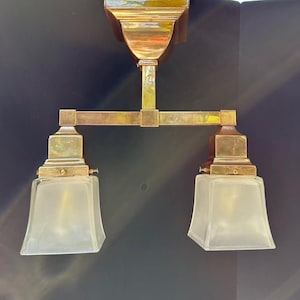 Vintage 1990s brass small Mission-style chandelier ~ square reproduction Arts and Crafts ceiling light by Brass Light Gallery ~ 2 available