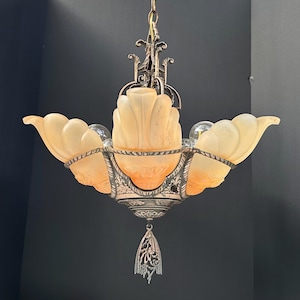 Pink glass slip shade antique Art Deco chandelier ~ five-light slip shade chandelier ~ rewired and ready to hang ~ 1930s Art Deco light
