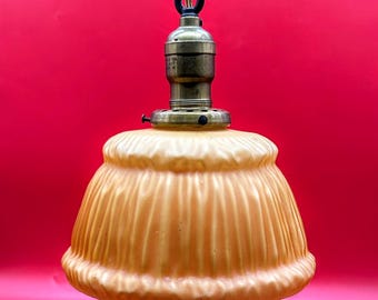 Victorian Amber Glass Swag Light: Faux Pleated Satin Shade