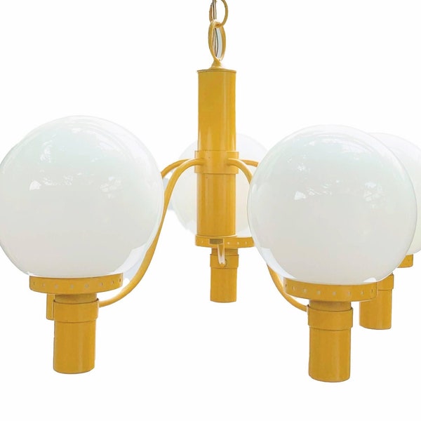 Yellow vintage midcentury modern chandelier by Lightolier with milk glass globes ~ 21 inches diameter