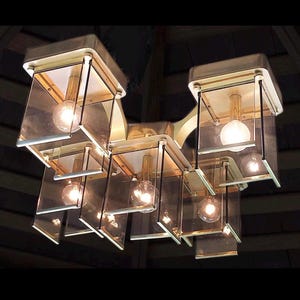 Vintage Sciolari Brass & Smoke Glass Chandelier - Mid-Century Brutalist 5-Light
