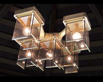 Vintage Sciolari Brass & Smoke Glass Chandelier - Mid-Century Brutalist 5-Light