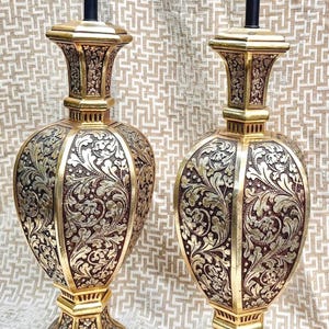 Vintage 1972 monumental gold ceramic lamp pair with floral design ~ rewired large pair Fortune gold-color ceramic lamps 35 inches tall