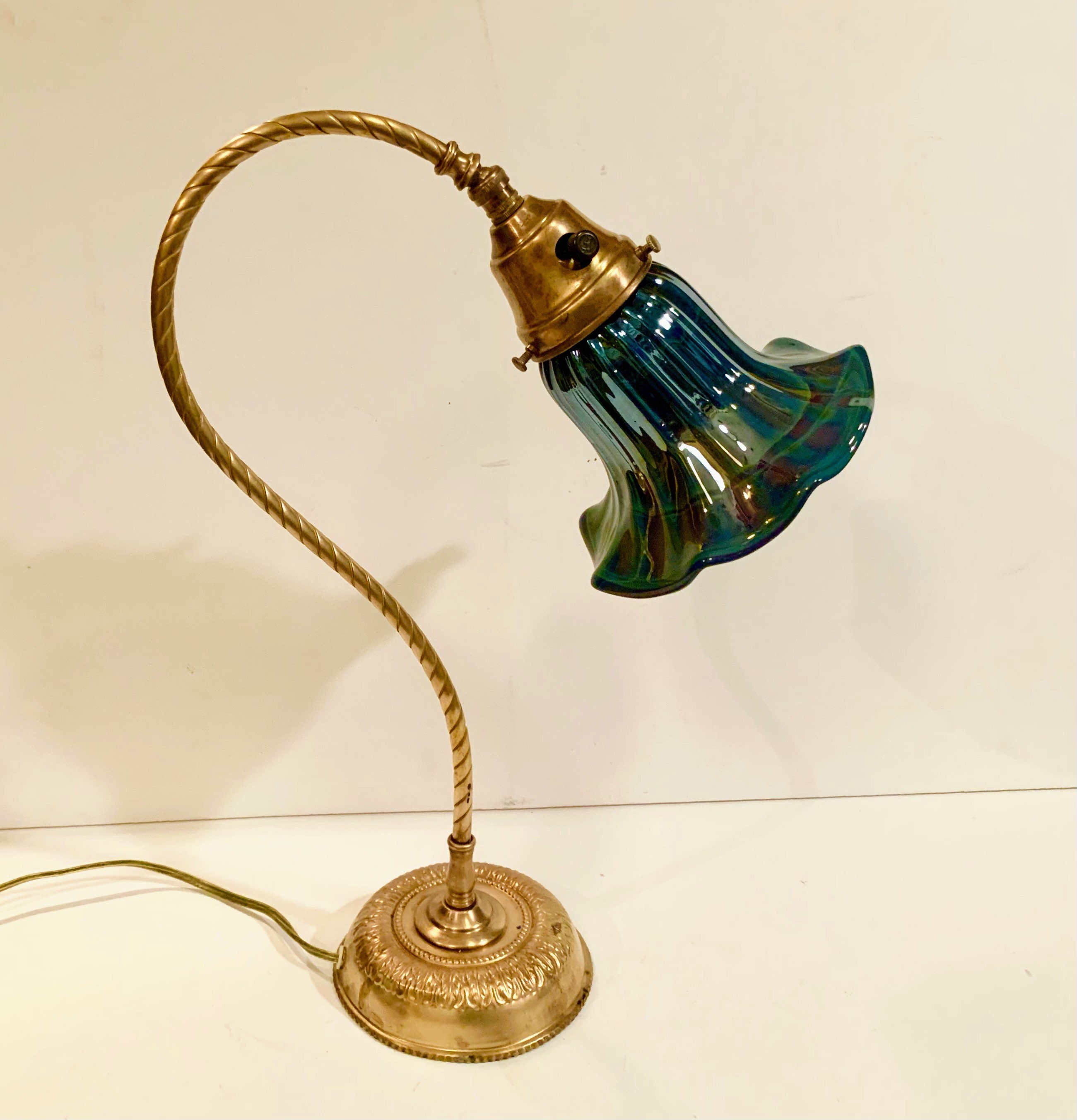 Antique brass swan neck desk lamp with iridescent teal art Etsy