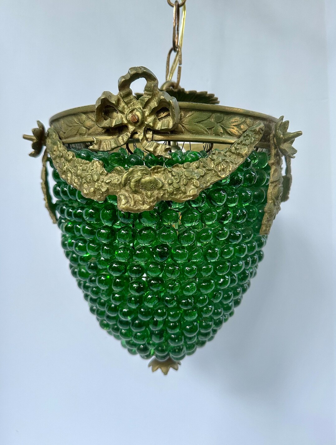 Vintage Green Glass Bead Pendant Light With Gold Festoons and Bows 1