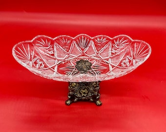 Vintage cut-crystal oblong compote bowl on stand with ornate metal base ~ 1970s fruit bowl in excellent condition