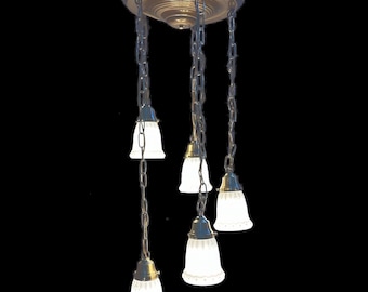 Reproduction Victorian-style 5-light flush-mount shower chandelier with satin-glass shades