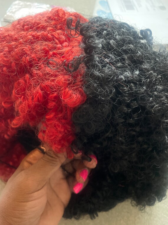 Black Red Split Dye 14 Curly Bang Fro Natural Girl Wig Etsy