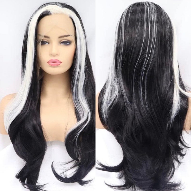 22 Black & White split dye Natural straight LaceFront wig ARRIVES NEW Perfect for Cruella Deville or Cosplay costumes image 2
