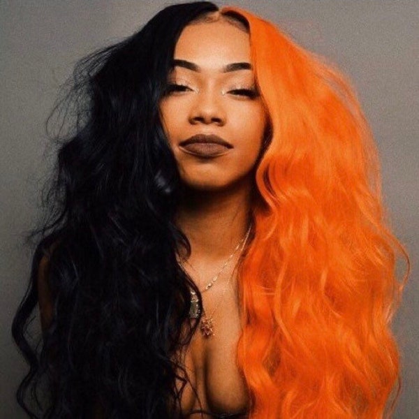24” Orange & Black 2 Tone wavy split dye lace front wig . Arrives New