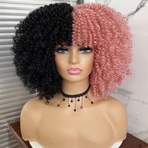 Pink Black Split Dye Curly BANG Fro Natural Girl Wig Etsy