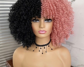 Pink & Black Split Dye Curly BANG Fro Natural Girl WIg